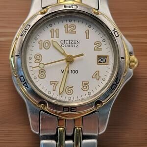 Citizen Women Watch Stainless Steel Silver Gold 30m White Date Quartz Vtg